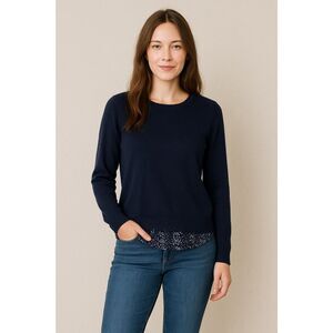 Jamison Silk Cashmere Sweater Navy Blue Knit Mixed Media Sz M Crewneck